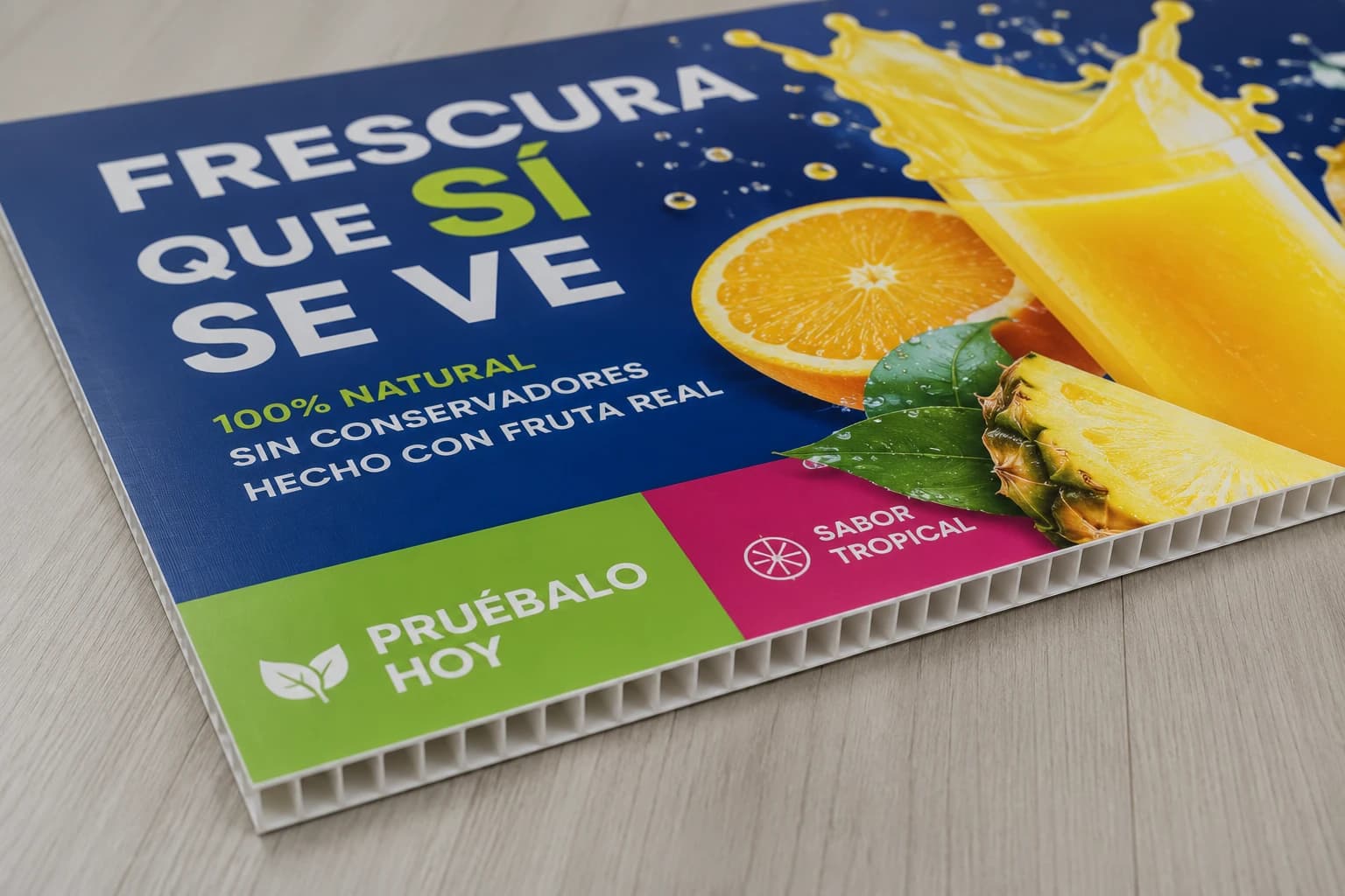 Cartel promocional impreso en coroplast para punto de venta — DOX Visual
