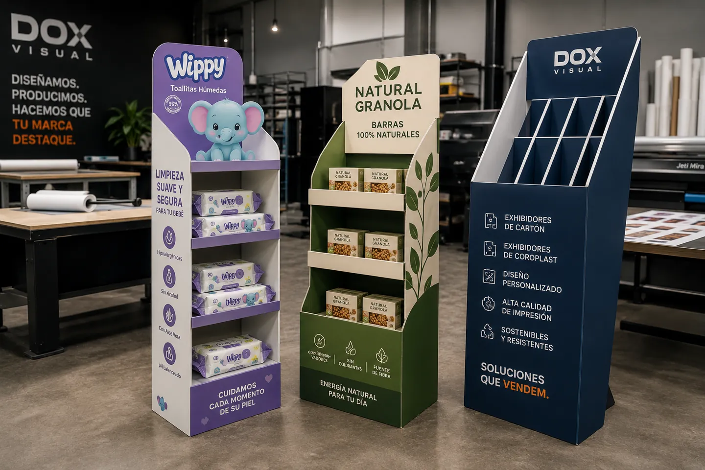 Exhibidores de piso de cartón para punto de venta fabricados por DOX Visual: displays de producto para retail.