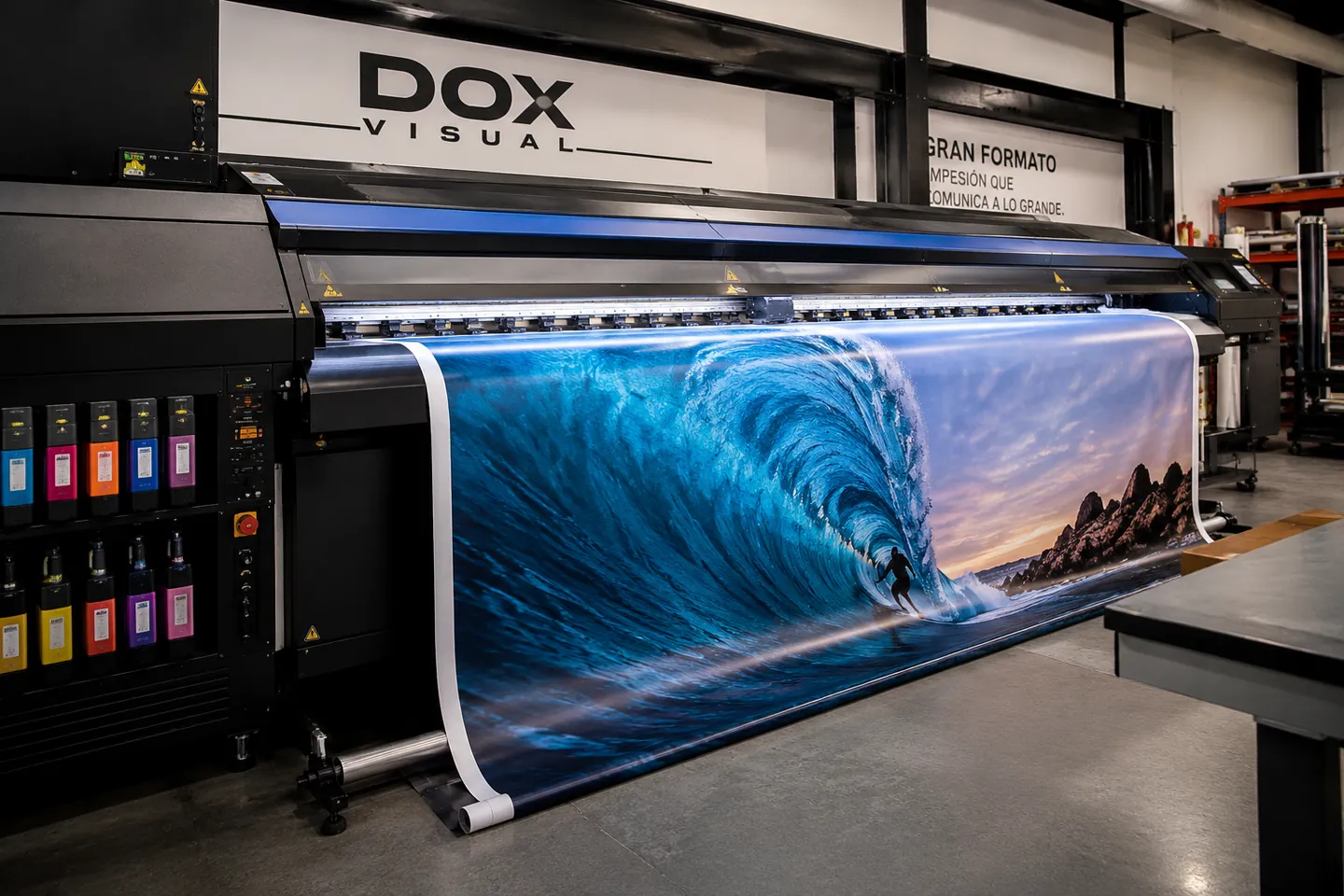 Impresión de gran formato en DOX Visual: plotter imprimiendo una lona publicitaria de alta resolución en planta CDMX.