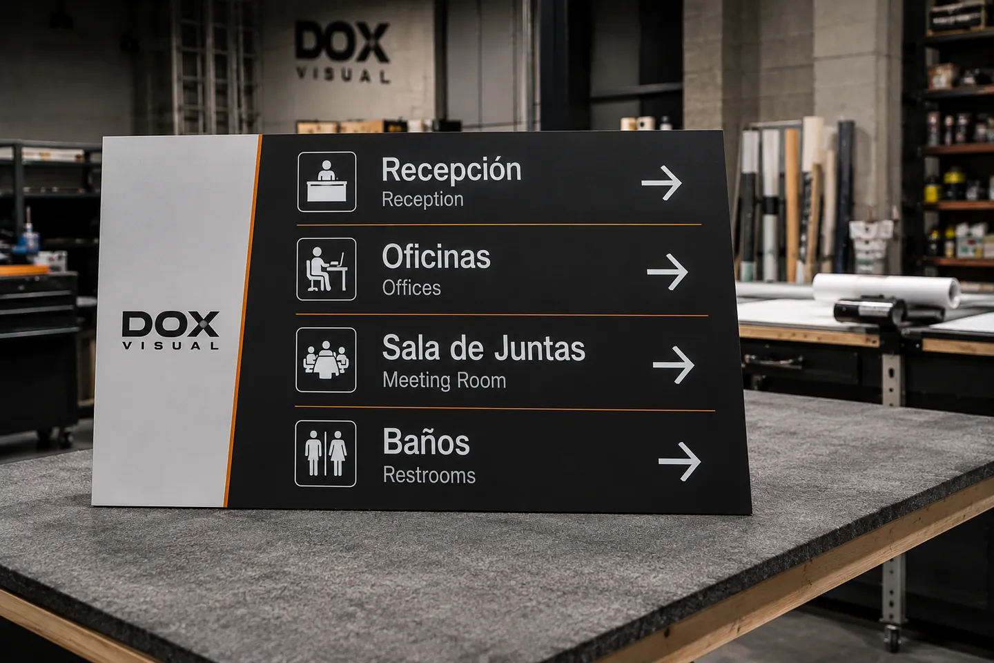 Señalización corporativa fabricada por DOX Visual: directorio de wayfinding con recepción, oficinas y sala de juntas.